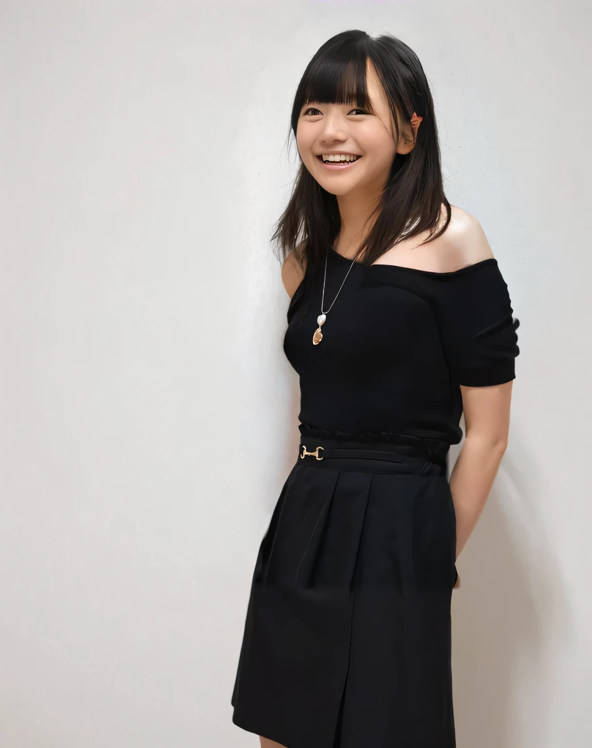 Super detailed,Highest quality,1 female,Standing in a room with white walls,Looking at this,Short-sleeved tops,Flared mini skirt,Arms wrapped behind the body,Posing for a photo,The background is blurred
