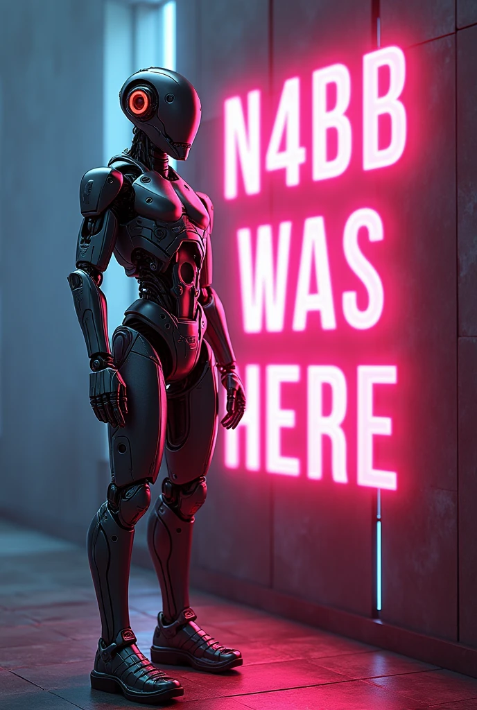 A  robot. A quote  “ N4B1B was here “ written in background capital letters. 
Background quote more visible . The humanoid is in one side and the quote is in another. Neon lights
