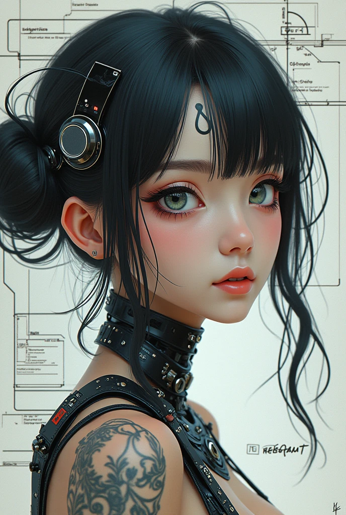 (((1 anime girl))), (((Tattoo in the middle of the forehead))), (((Great hair accessories))), ((Masterpiece:1.2)), ((Highest quality)), (Masterpiece, Top quality, Best quality, Official art, Beautiful and aesthetic:1.2)، (Masterpiece:1.2,Exceptional quality,mirror like,Cinematic experience,Realistic:2.0,Raw images:2.0,Very detailed),8 k,Wall paper,(Representing diagrams through three-dimensional graphics:2.0),(Pretty woman:2.0),female cyborg,(female cyborgの設計図:2.0),(front view drawing:2.0),(Avant-garde design:2.0),(draw detailed diagrams:2.0),(Several notes on settings:2.0),(Beautiful Face,beautiful eyes,beautiful hair)
