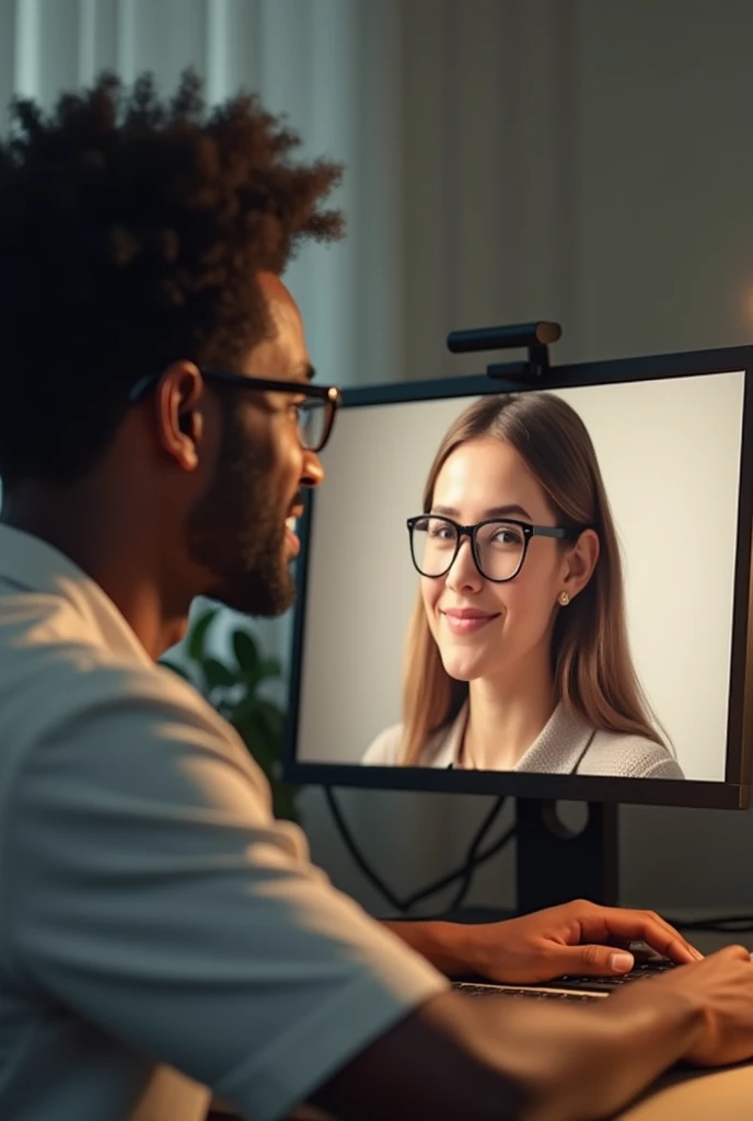 An Ethiopian man looking his Caucasian female friend on zoom meeting on his computer screen and his friend wear glass