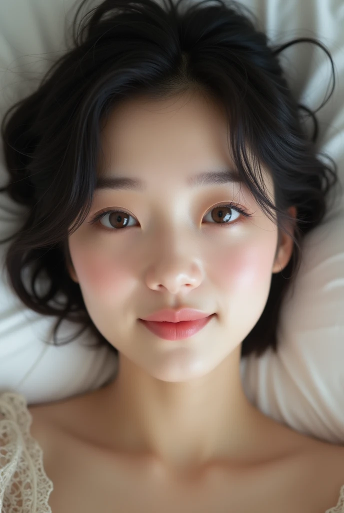 (Photorealistic: 1.4), Masterpiece, Ultra High Resolution, RAW Photo, Best Quality, (Smile with Teeth: 10.0), (Sexy: 1.4), Raw Photo, Japan Beautiful Wife, (Small Face: 3.0), (Cute: 3.0), (Blush Pink: 3.0), (Eyes Downed: 5.0), (Large, Round Eyes: 3.0), (Moisturized Eyes: 3.0), ( Upper eye on camera: 3.0), figure eight with double-down eyebrows, white skin with makeup, short hair, lying on his back on the bed,