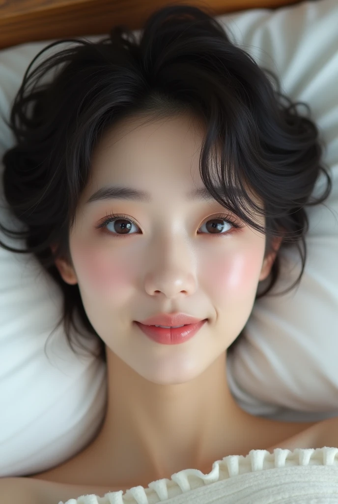 (Photorealistic: 1.4), Masterpiece, Ultra High Resolution, RAW Photo, Best Quality, (Smile with Teeth: 10.0), (Sexy: 1.4), Raw Photo, Japan Beautiful Wife, (Small Face: 3.0), (Cute: 3.0), (Blush Pink: 3.0), (Eyes Downed: 5.0), (Large, Round Eyes: 3.0), (Moisturized Eyes: 3.0), ( Upper eye on camera: 3.0), figure eight with double-down eyebrows, white skin with makeup, short hair, lying on his back on the bed,