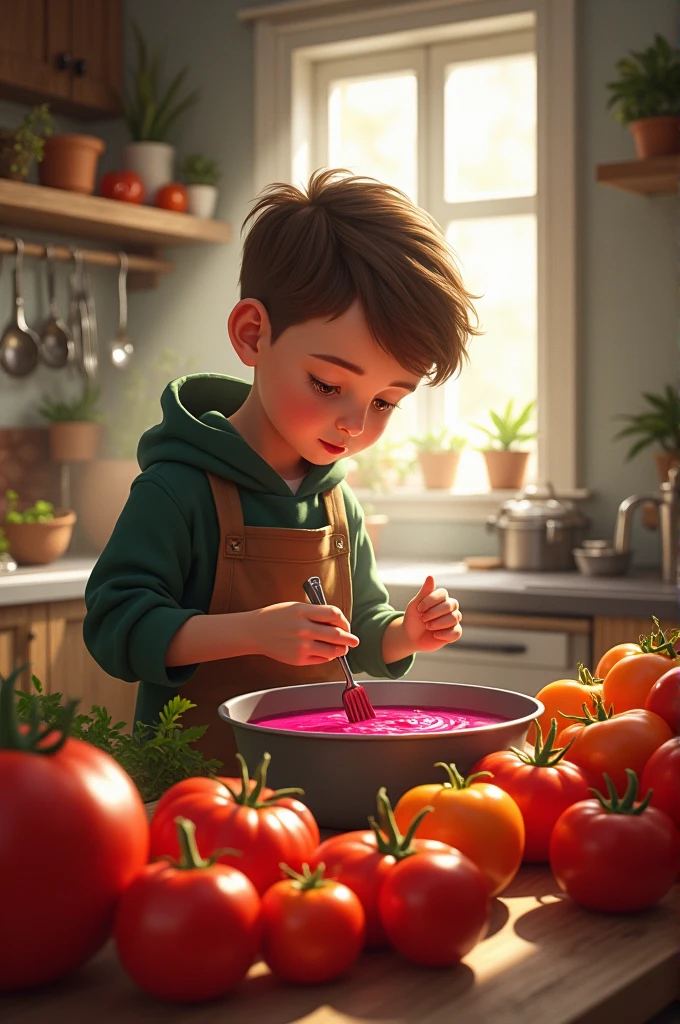 Lithuanian boy is cooking šaltibarščiai and has lots of tomato’s around 