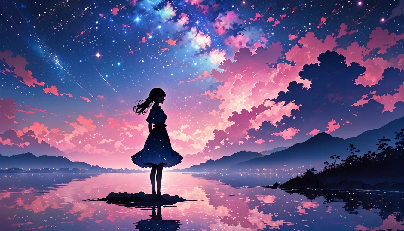 This image is、It depicts the silhouette of a girl standing against a beautiful starry sky.。. The sky changes from a deep pink near the horizon to a deep blue as it rises.. The figure is、It looks like it's enveloped in tiny sparkling fairy lights.。, Some are illuminated, Creates a stunning and captivating contrast with the dark silhouette. This person appears to have one arm outstretched., Perhaps it's adapted to light、Interacts with light. The overall atmosphere of the image is serene and magical.,Even after the long night has ended, everything is shining,Illuminated by the moonlight, my feelings for you,I can't wait any longer,I can't say anything even though we're just the two of us
