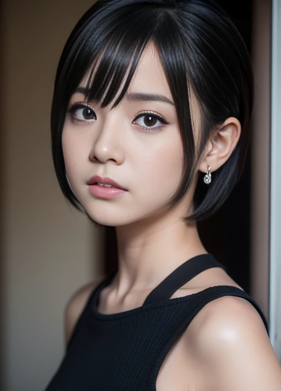 (((shot from front))),a black and white photo,short hair woman, baby-face,  face, profile of anime girl, 4K, portrait of a japanese teen, taken with a canon eos 5 d,