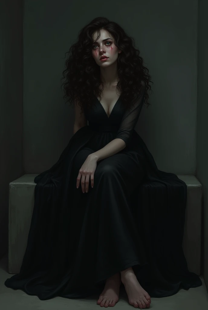 The women along sitting in a dark room and his crying waring black dress and showing his face and lose curly long hair and his face full of teas