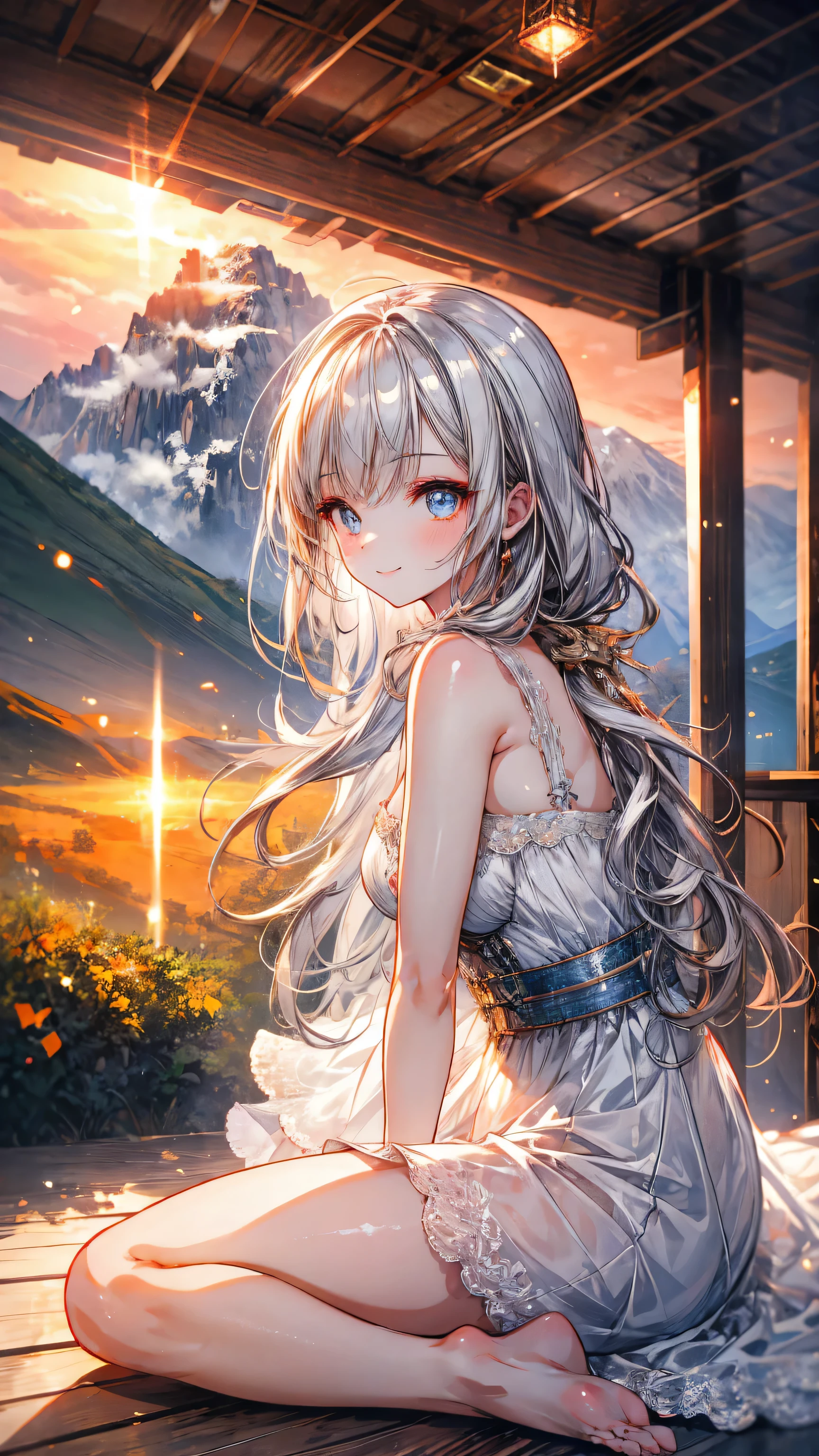 1 female, 20s, small underbust, pornographic exposure, solo, (background: plain, distant mountains, in summer, sunset, low orange rays, sunglasses on ground, exterior) beautiful silver hair, long hairstyle, soft curly hair, sitting with knees up, sitting with knees up, side view place, country road at sunset ((masterpiece), (very detailed CG unity 8k wallpaper), top quality, film lighting, detailed background, beautifully detailed eyes, bright eyes, (very elegant and beautiful), (beautifully detailed depiction of eyes), super detailed, masterpiece, )), turning to face viewer, smiling, high resolution, super detailed), (wearing: white dress, bare feet)