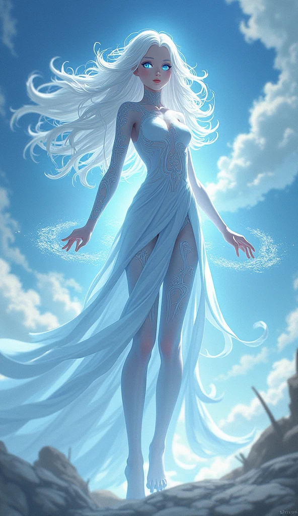 "A full-body depiction of 'Aeris,' the Air Distortion Barrier Summon. Aeris is a humanoid figure with a flowing, semi-transparent form that seems to be made of constantly swirling air. Her body is adorned with faint, wind-like patterns that ripple across her skin, giving her a fluid, ever-changing appearance. Her eyes are a deep blue, glowing with the energy of the wind. She extends one hand forward, and a ripple of distorted air emanates from her palm, forming an invisible barrier that bends and warps the light around it. The background is a sky filled with swirling winds and subtle distortions, emphasizing Aeris's control over the air. Ethereal, dynamic, and fluid, with a focus on the distortion effects and the flowing, wind-like texture of Aeris's form."










