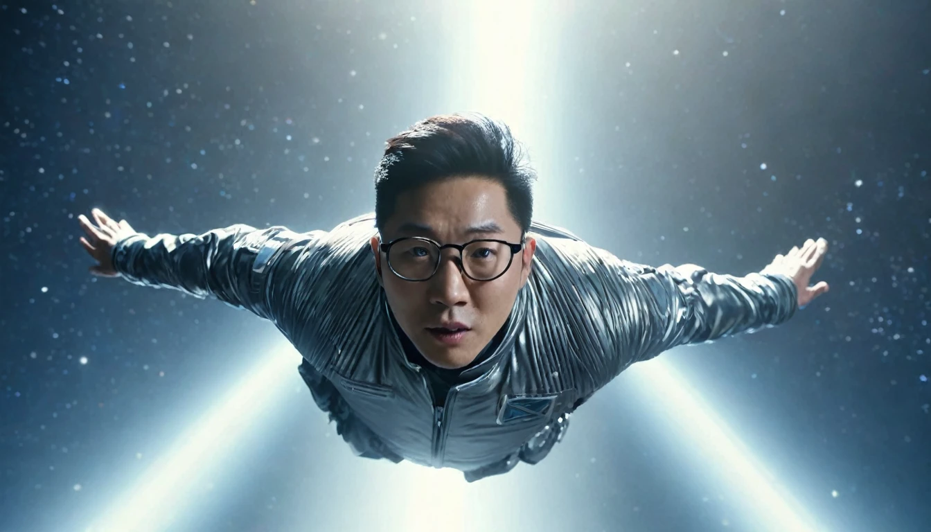 far far away shot, epic shot, Realistic footage of an Asian man wearing a silver sci-fi jacket and glasses, flying up into space in a blue beam of light from a space