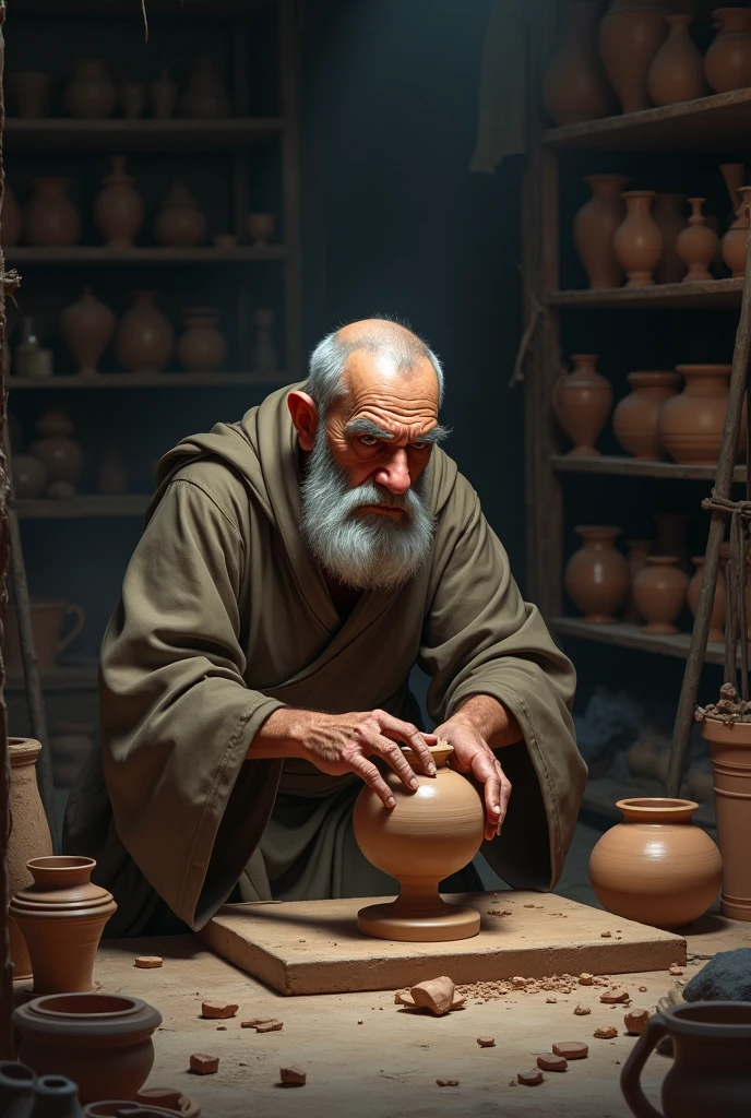 A grumpy old craftsman raising a piece of pottery、Workshop、Monk's working clothes、Broken ceramic jars scattered on the floor