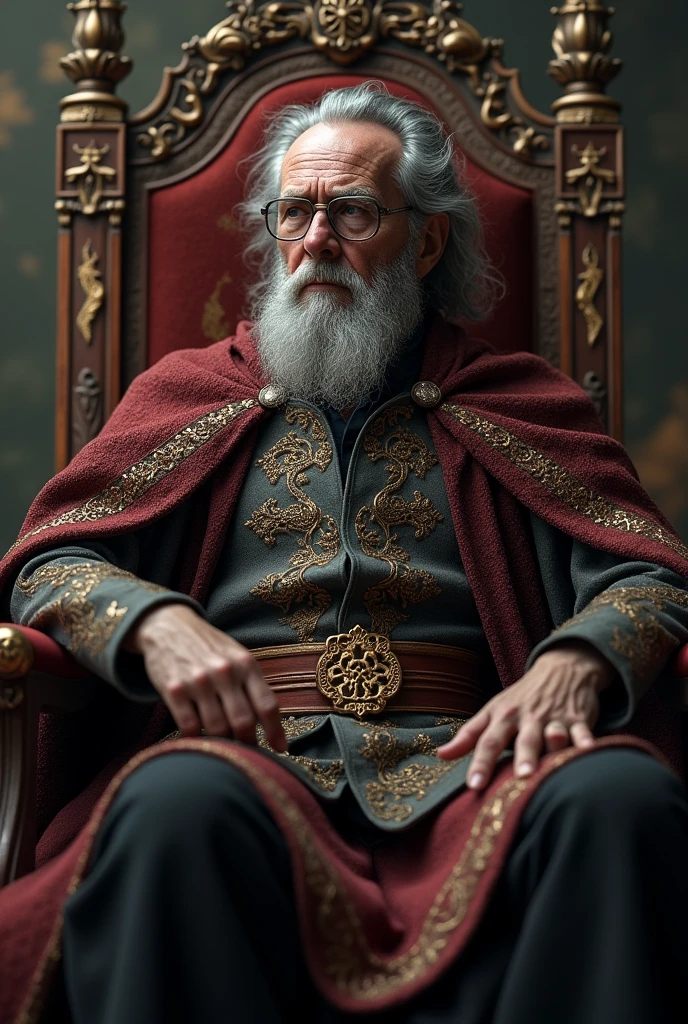 A dark king, Slightly grey hair with white streaks due to old age, 6, good looking, sitting on his throne, high, wears glasses, slightly serious expression, dressed in the robes that kings wear in fairy tales.