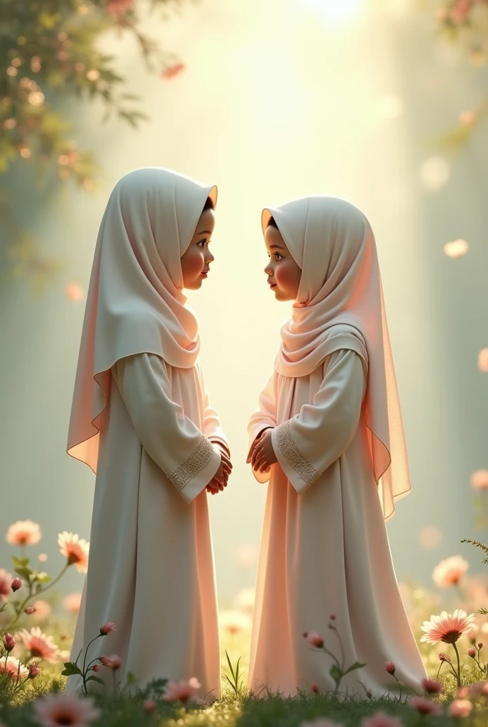 Create a two Muslim full covered beautiful two children, they are talking eachother 