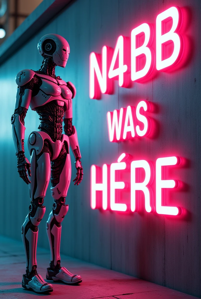 A  robot. A quote  “ N4B1B was here “ written in background capital letters. 
Background quote more visible . The humanoid is in one side and the quote is in another. Neon lights
