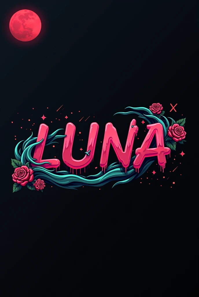 High resolution, logo spelling swiftly “Luna” cool, Jdm theme, anime theme, Cyberpunk vibe name spelling, brand logo, logo for tshirt, brand logo “LUNA”, neon vibes, acid trip vibes, acid trip, shooting stars, acid trip inside “LUNA”, acid trip, hallucinations inside “LUNA”, Waves of hallucinations, stars in the background, red strange moon, red roses with green leaves, blood moon,