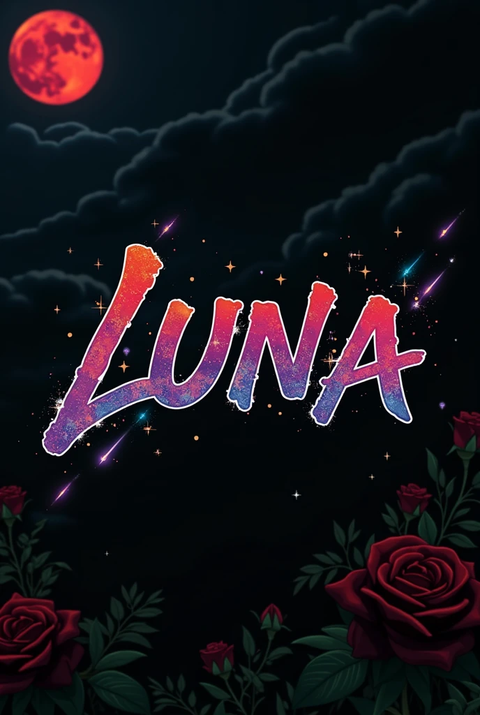 High resolution, logo spelling swiftly “Luna” cool, Jdm theme, anime theme, Cyberpunk vibe name spelling, brand logo, logo for tshirt, brand logo “LUNA”, neon vibes, acid trip vibes, acid trip, shooting stars, acid trip inside “LUNA”, acid trip, hallucinations inside “LUNA”, Waves of hallucinations, stars in the background, red strange moon, red roses with green leaves, blood moon, 