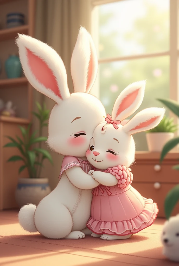 A little white bunny wearing female clothes hugging her mother also wearing female clothes in her house in cartoon style 