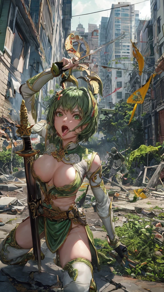 White women, Short green hair,Thai people, fit, Dressed in a full set of green warrior armor., Greenish-brown cloth, Holding a laser sword,In the ruined city, stick out your tongue, C cup breasts, Extend your left hand forward, ignore, There are debris floating in the air., high resolution,