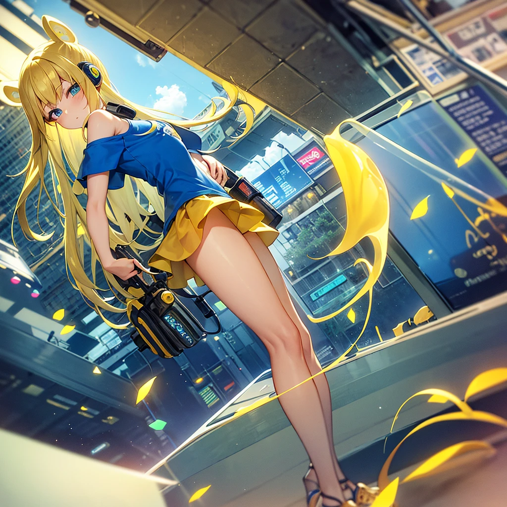 best quality, masterpiece, 1 girl, yellow hair, Blue eyes, splatoon, Highly transparent picture, medium breasts, short, blue headphones, white frilled crop tops, off shoulder, bare shoulder, blue short skirt, mini skirt, long hair, looking down, side view, yellow ink, night, city, delicate、Petite、outside, Thick legs、navel, short sleeve, blue sneaker,