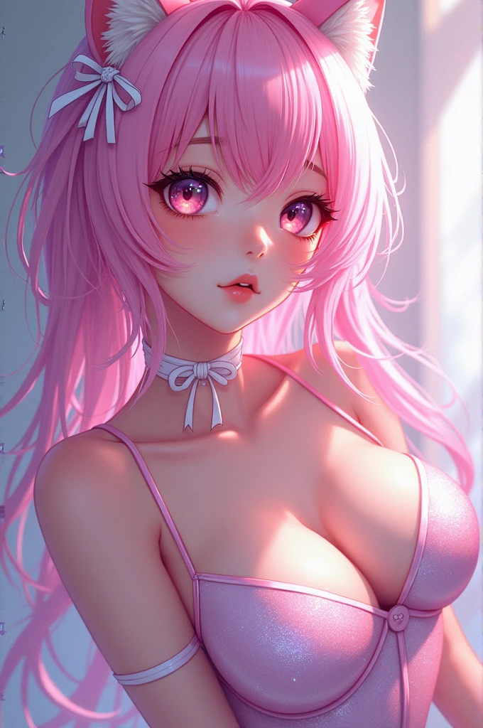 (nsfw:1.1).(huge breasts:1.1)(Sexy glitter leotard:1.2).(Composition from directly below:1.2).Anime holographic pink hair white ribbon, , Beautiful character drawings, , Stunning anime face portrait handsome royal sister wolf ears