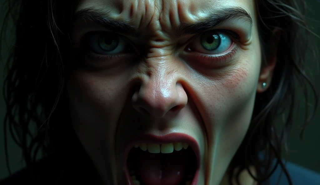 A close-up of a terrified face, looking back with wide eyes, seeing nothing
