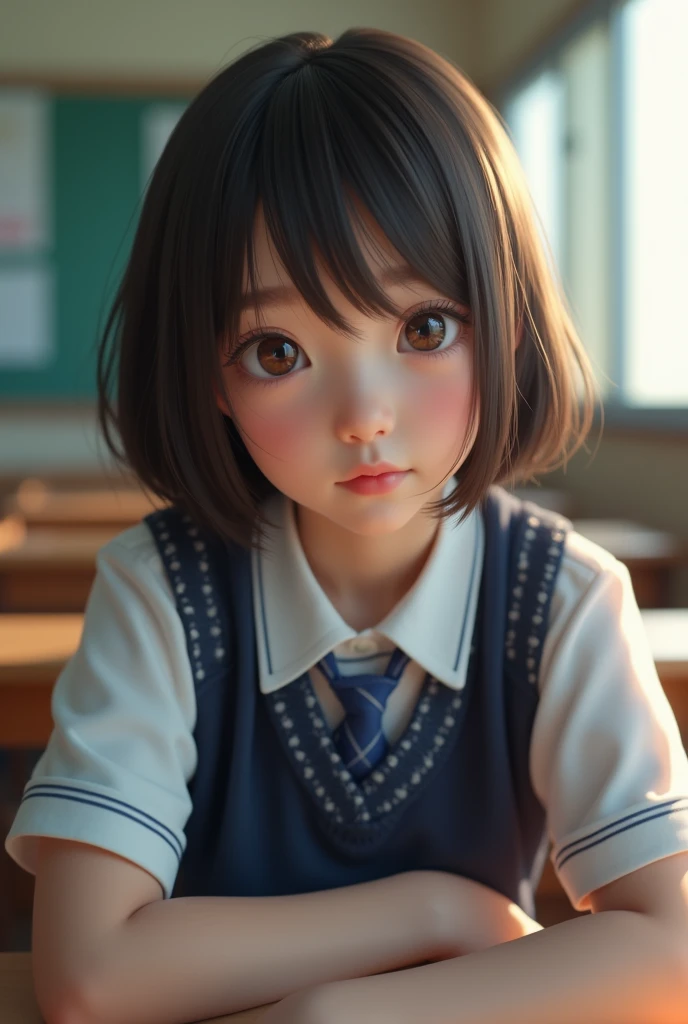 best quality, face focus, soft light, ultra high res, (photorealistic:1.4), RAW photo, 1japanese girl, solo, cute, (shy smile:0.5), (brown eyes, lights in the eyes), detailed beautiful face, (small chest),(high resolution detail of human skin texture), (short bob hair), BREAK, in classroom,navy school uniform, vest, skirt
