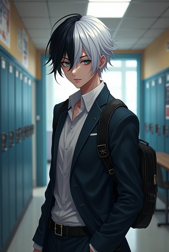 A anime boy with white and black hair 18+ in school dress and schoole backroung full body hot