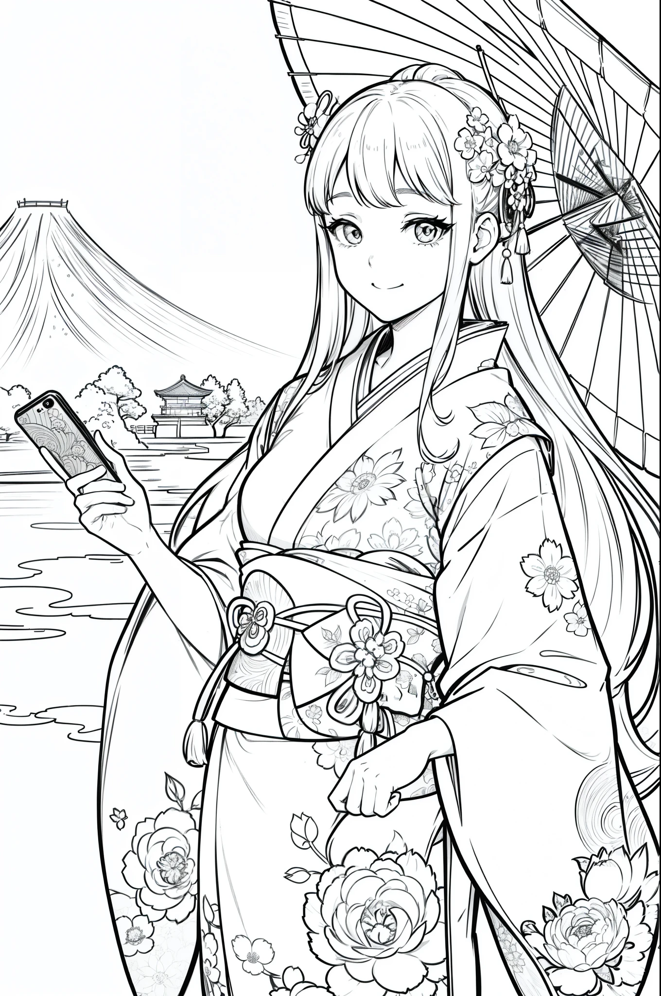Masterpiece, top class, unique, cute, flowers, line drawing background, white background, monochrome, line drawing, ((sketch)), creepy, white eyes, create a monochrome coloring book that even adults can easily do, a realistic and cute ukiyo-e of a smiling girl wearing a kimono with Mt. Fuji in the background, holding a smartphone in one hand, conveying Japanese culture.