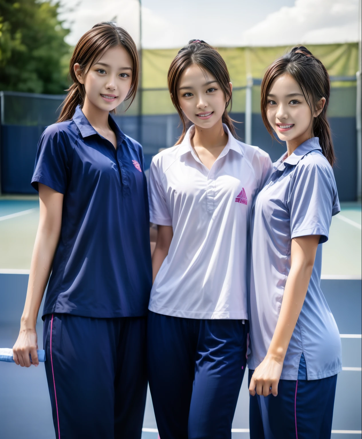 3 girls play tennis at tennis courts, Navy blue short-sleeved shirt,Navy Long Trackpant,Sweatpants, Sweatpantsขายาว,2 girl, lesbian, sexy, exercise clothes, wet body, exercise clothes