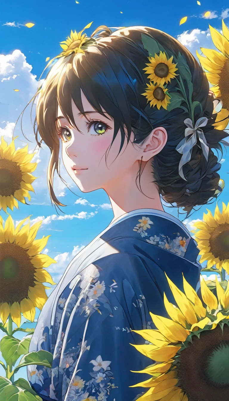 anime girl with sunflowers in her hair standing in front of a blue sky, beautiful sunflower anime girl, anime art wallpaper 8 k, 4k anime wallpaper, anime art wallpaper 4 k, anime art wallpaper 4k, anime wallpaper 4 k, anime wallpaper 4k, anime wallpaper, 4 k manga wallpaper, ( ( makoto shinkai ) )