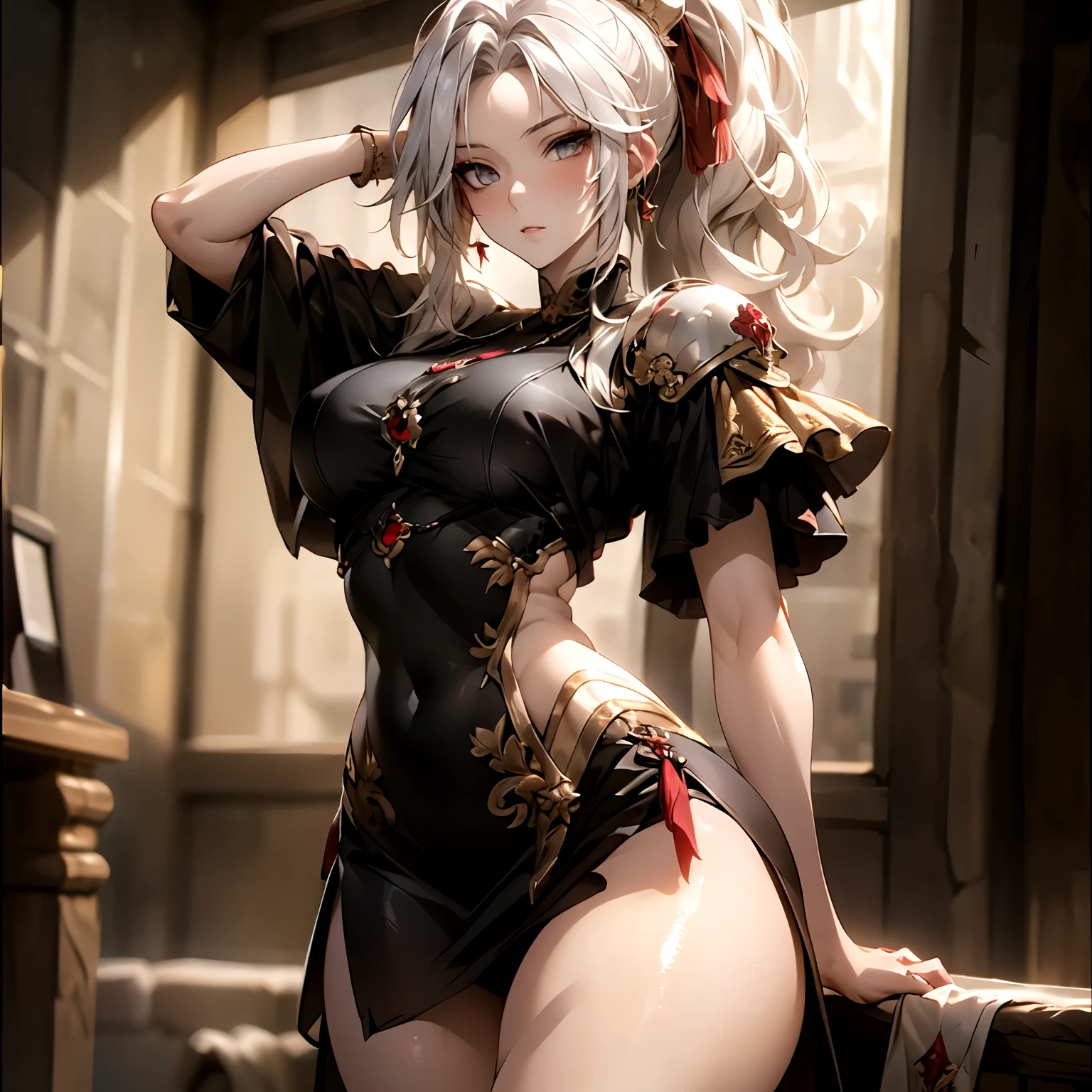 (best quality)), ((Masterpiece)), (details:1.4), 3d, HDR (high dynamic range), an image of a beautiful cyberpunk female, fantasy, medieval, Sleek style, red hair, High ponytail, hips up, Beautiful White eyes, จมูกโด่ง, ปากแดง, หน้าอกใหญ่, nvidia RTX, PBR surface, After processing, Anisotropic filtration,depth of field, Maximum clarity and clarity, multi-layered surface, Subsurface scattering, perfect proportions, 8K raw files, ultra detailed, Perfect proportions, volumetric lighting, soft lighting, Holy Paldin, Heavy Golden Armor, red dress, intricate Silver embroidery, glossy skin, Castle Background, jewely, ต่างหู, mini black skirt, blackglove,
