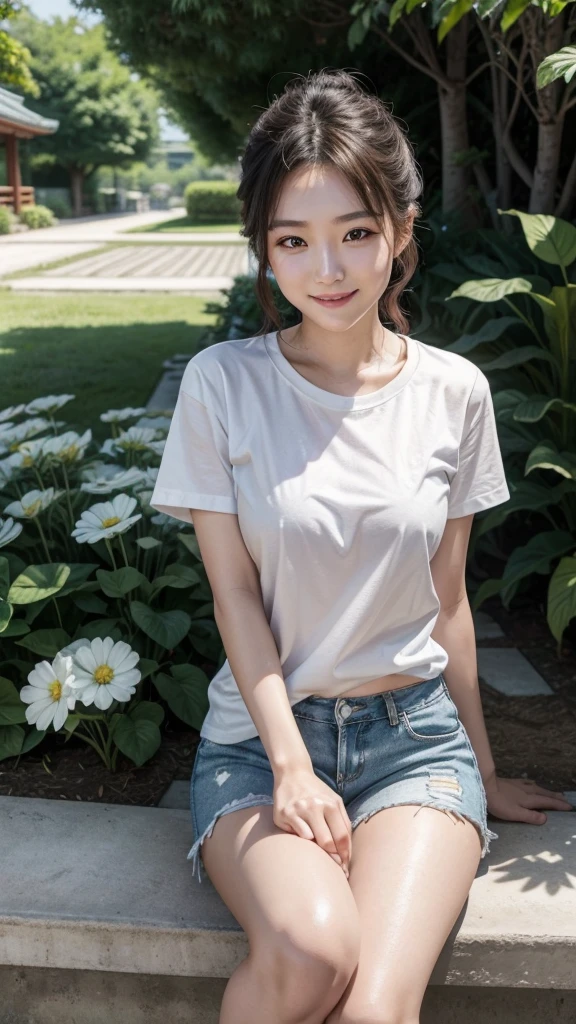 A beautiful Korean woman in a white T-shirt is sitting in fear while opening her torn pants pockets with both hands. There is a beautiful woman in a white T-shirt and shorts, holding a Mini Vibrating Capsule Vibrator, smiling. The woman is standing in front of her. The background is a garden.