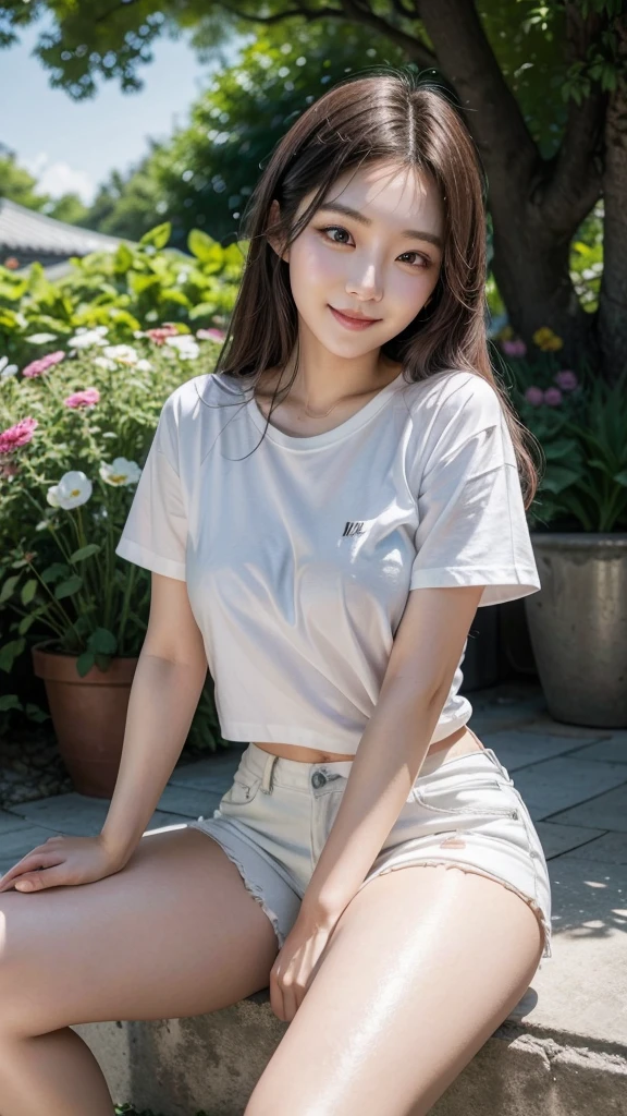 A beautiful Korean woman in a white T-shirt is sitting in fear while opening her torn pants pockets with both hands. There is a beautiful woman in a white T-shirt and shorts, holding a Mini Vibrating Capsule Vibrator, smiling. The woman is standing in front of her. The background is a garden.