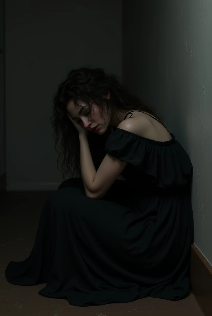 The women along sitting in a dark room and his crying waring black dress and showing his face and lose curly long hair and his face full of sadness