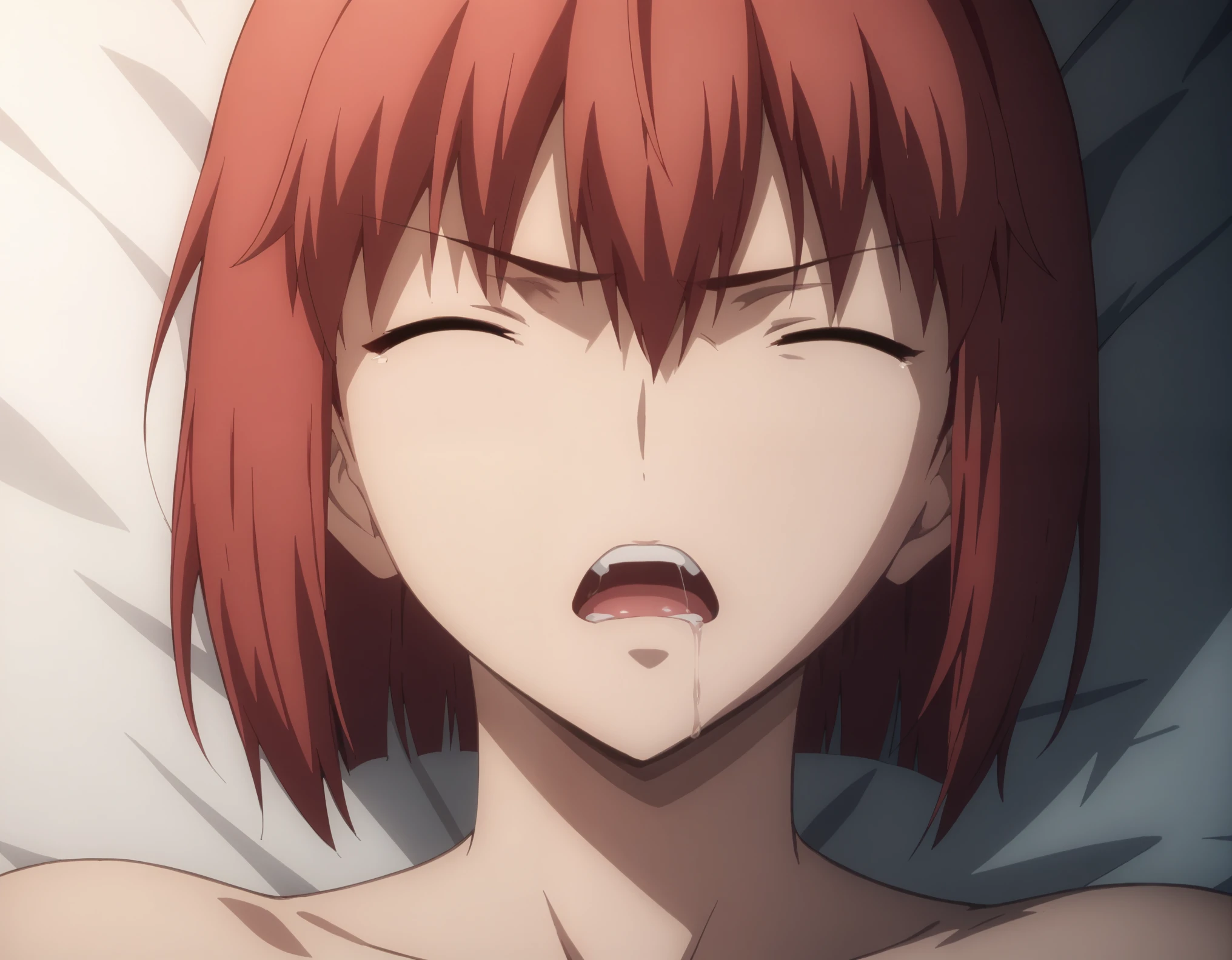 sauce_anime, ambient light,
fsn_ubw_style, 1girl ,tall girl, straight hair ,bob cut hair, red hair, closed eyes, hair between eyes, perfect eyes ,wince ,frown, Perfect face, expressive eyes, close up face:0.2 ,  
(show off breast), (topless),navel , detailed white panties, detailed nipples, , wet body, tearful,  
indoors, bed, realistic bed room, (lie on back), love juice , lesbian sex, blush, (steam),
cowboy shot, looking at viewer, solo, dutch angle, [large breast:0.2], pussy juice, open mouth, saliva ,screaming,