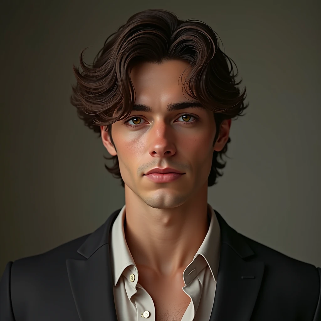 Handsome young man with thin sideburns,shoulder length curly hair,realistic,full body