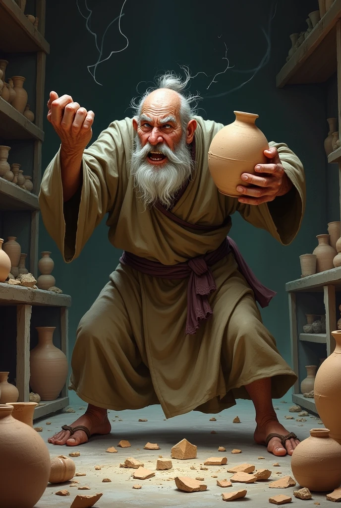 A cranky old craftsman swinging a piece of pottery up and about to smash it onto the floor、Workshop、Monk's working clothes、Broken ceramic jars scattered on the floor