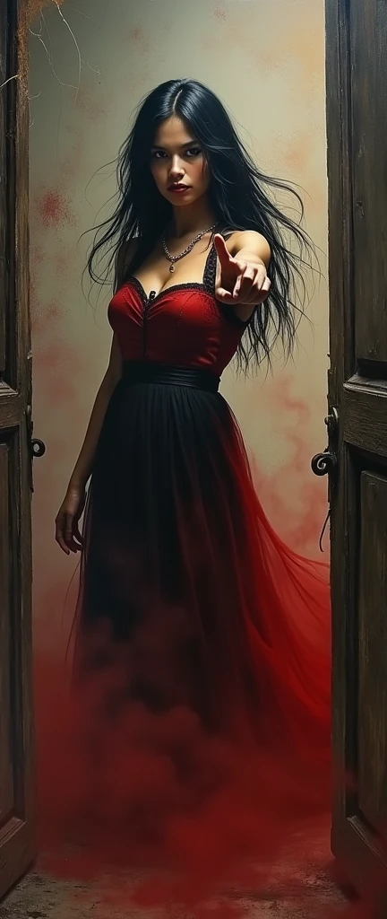 3D oil painting creates a terrifying scene. There is a Thai woman with long, messy black hair. She is standing with a serious posture, a fierce face. She is wearing a red and black dress that is blowing in the wind. She is pointing at the camera. The atmosphere around her looks gloomy, with red smoke. Inside the Thai house, there are old cobwebs.