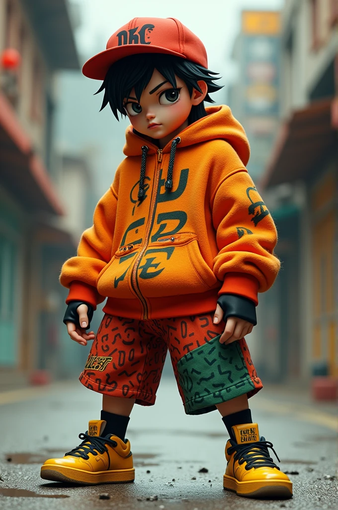 Personnage avec des basket jaunes avec du noir des yeux noir est blanc une casquette à l'envers un short rouge teinté de vert est un pull orange orné de lignée noir avec un côté de combattant dangereux 
