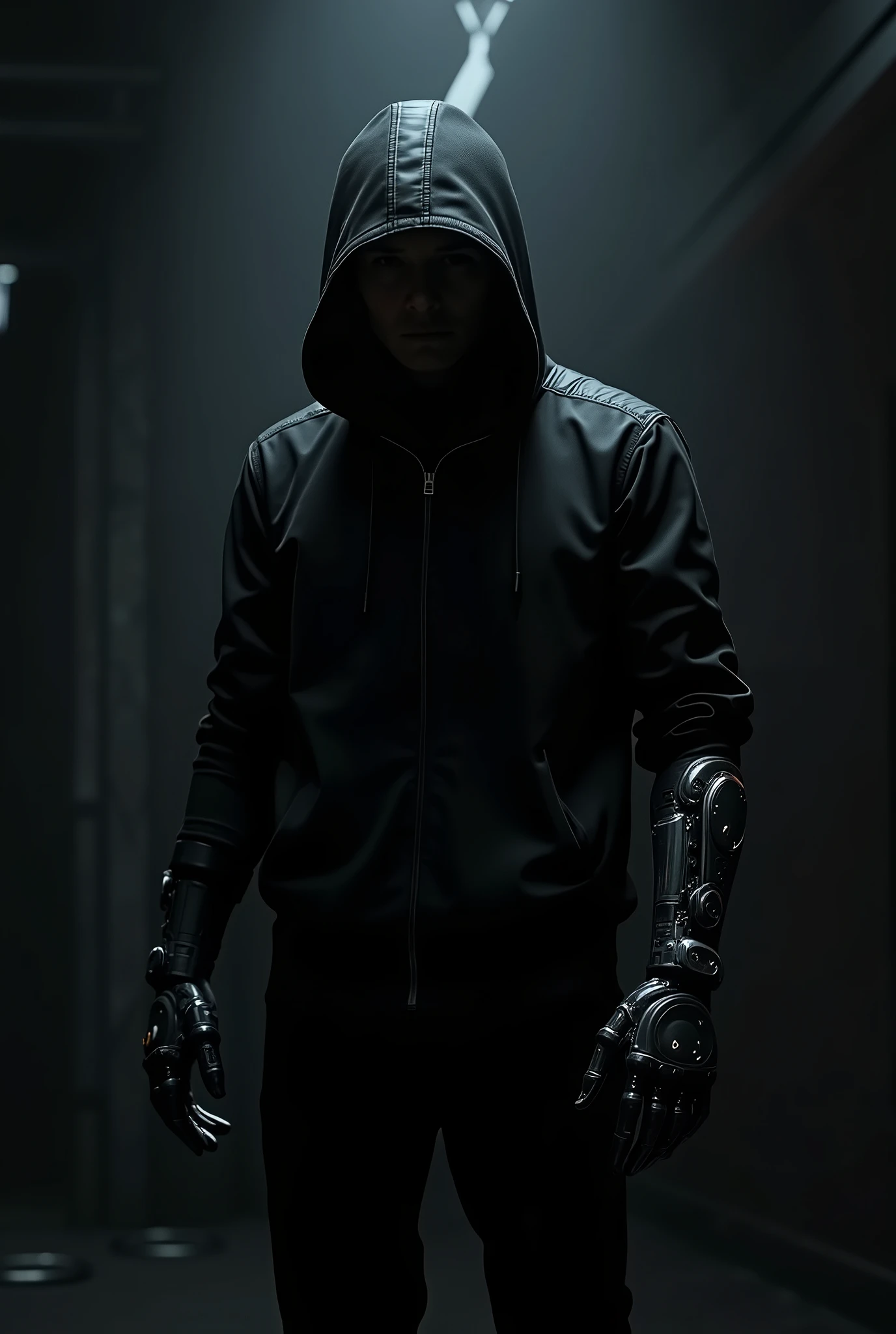 MAKE A MAN WITH A ROBTIC ARM AND WEARING A BALCK HUDIE WITH BLACK BACKGROUND IN A NIGHT ENVIRMENT