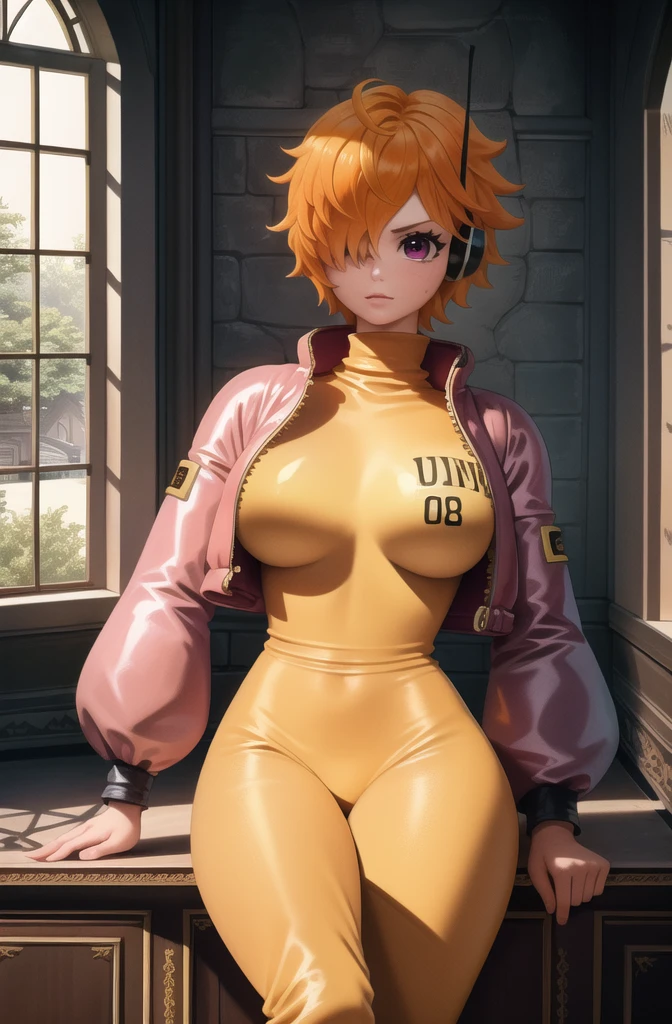 masterpiece, ((ultra detailed background, delicate pattern, intricate detail)), (highly detailed, fine details), best quality, beautiful lighting, ((medium breasts, slim girl)), 1girl, Lilith, (bangs covering one eye), ((light orange hair)), headphones, purple eyes, dark-blue jacket, ((pink bodysuit, full-body suit)), complex detailed background, inside, castle room environment, medieval castle, gray walls, window, bookshelf, (close-up, portrait),  