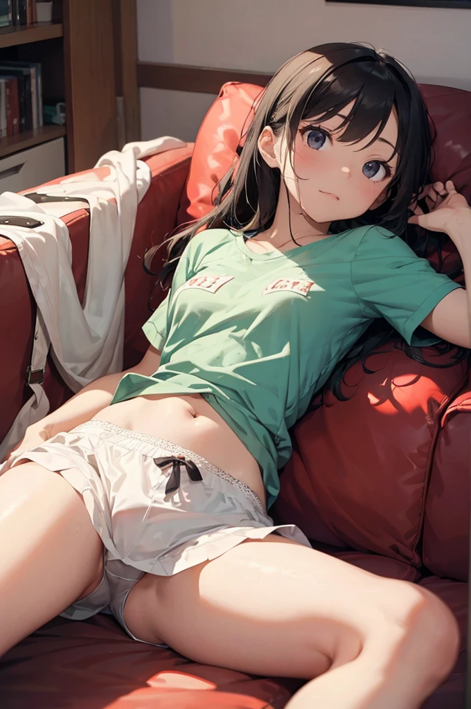 Highest quality, (alone:1.1),Drunk young woman, In underwear,Lying on the sofa,Discarded clothes are scattered around the sofa., Bird's-eye view, from a little distance, Red face, Eyes are unfocused, laughing, Feeling elevated, Highest quality,豪華なディティールのIn underwear, There are empty cans of liquor scattered around,Sleeping face down, Half-open eyes, The curves of her breasts are impressive,Sensual,