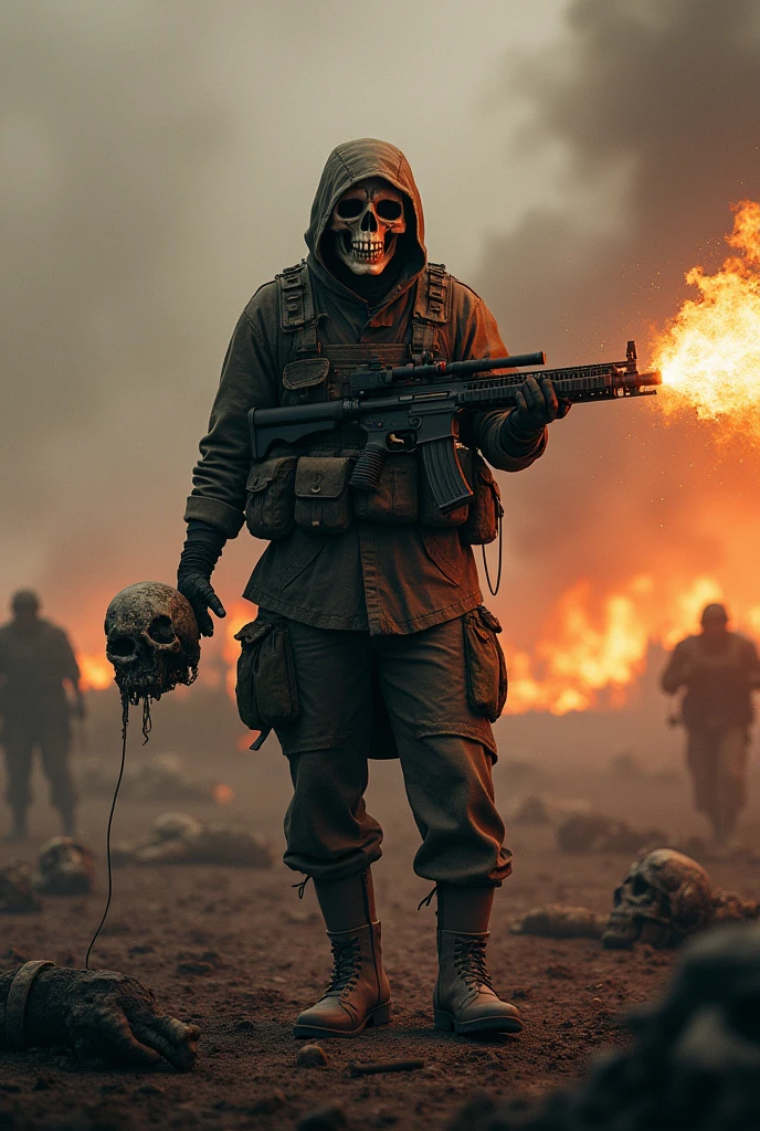 A man with gun and doing fire in air in a war
Wearing a skeleton mask and in the left hand he have a head of enemy standing on many dead bodies of enemy 