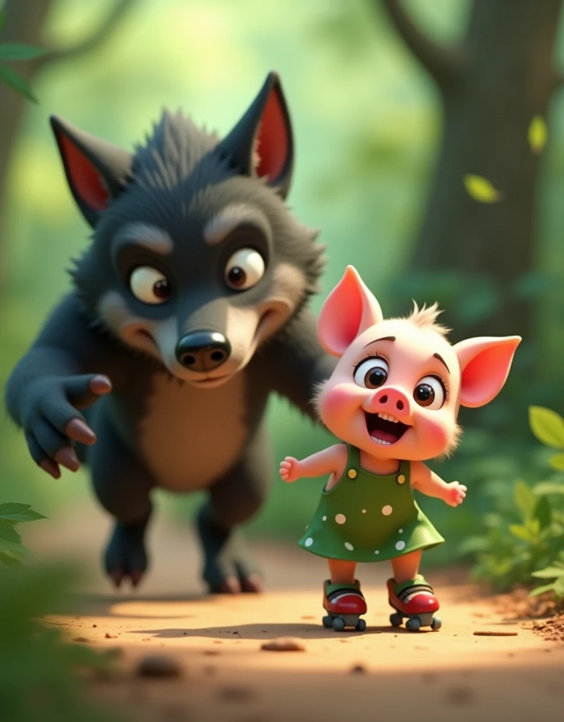 pixar style, 3d, 1scared cute piglet and 1big tall black wolf, the cute piglet is in front and on right side screaming in fear while moving fast on her rollerblades, the piglet is wearing green dress with white polka dots. The big tall black wolf is on the left side behind the piglet and looking at the piglet laughing scarily, the black wolf is furry with grey snout and belly, with ((realistic black fur:1.4)), cute but revengeful mischief and is looking at the piglet while laughing and looking sly and scary. The setting is of a jungle in bright day light, game button art, Game illustration, lovely digital painting, artstation for kids art, Official artwork, key art, mobile game art, cover game art, zootopia concept art, (soft lighting:1.3), (green and earthy color scheme:1.3), (highly detailed), (ultra quality:1.3), (masterpiece), (digital art), 8K resolution, HDR, depth of field, (soft shadows), (photorealistic:1.3), (animation:1.2), (by Greg Rutkowski:0.9), (in the style of Alphonse Mucha), trending on ArtStation, award-winning art, 3d style