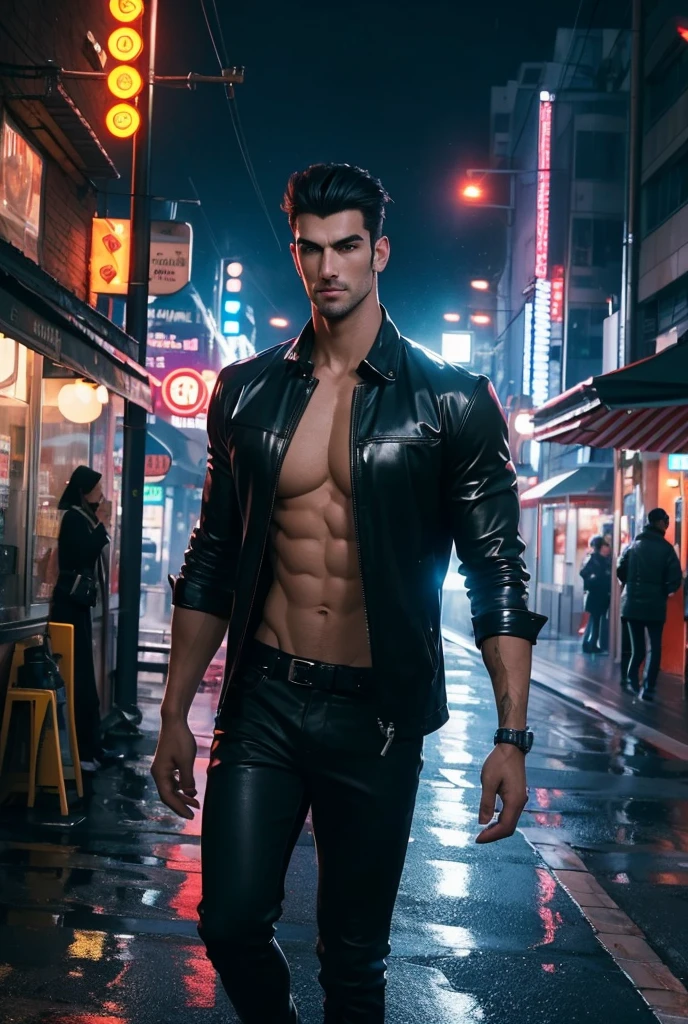 ((masterpiece)),((best quality)),((ultra high detailed)),((realistic,)), a tall handsome muscular young man, cyberpunk, solo, extremely detailed face and body, (shiny smooth skin), hot glow in his skin, perfect facial features, beautiful eyes, short hairstyle, sexy gaze, sexy expression, looking at the viewer romantically, open shirt, beautiful, gorgeous, wet, Futurist era city, architectural streets, futuristic train lines, buildings, night, European city, rainy, neon lights, sexy posture, 