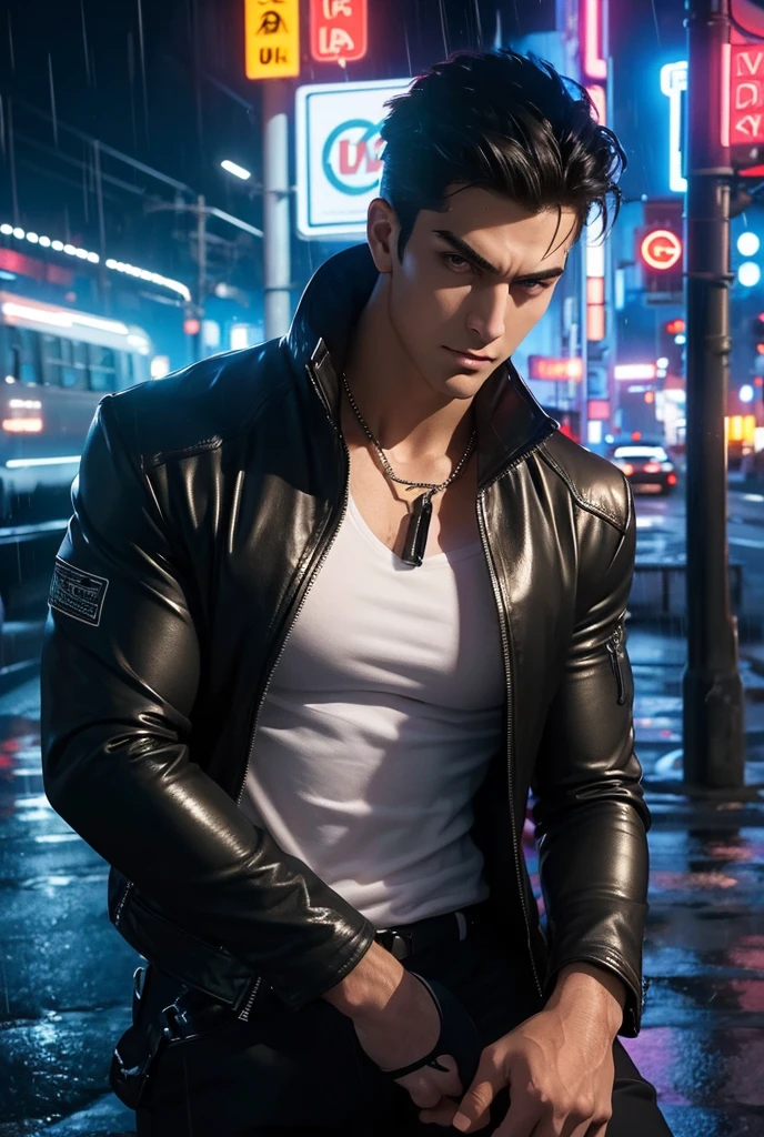 ((masterpiece)),((best quality)),((ultra high detailed)),((realistic,)), a tall handsome muscular young man, cyberpunk, solo, extremely detailed face and body, (shiny smooth skin), hot glow in his skin, perfect facial features, beautiful eyes, short hairstyle, sexy gaze, sexy expression, looking at the viewer romantically, open shirt, beautiful, gorgeous, wet, Futurist era city, architectural streets, futuristic train lines, buildings, night, European city, rainy, neon lights, sexy posture,