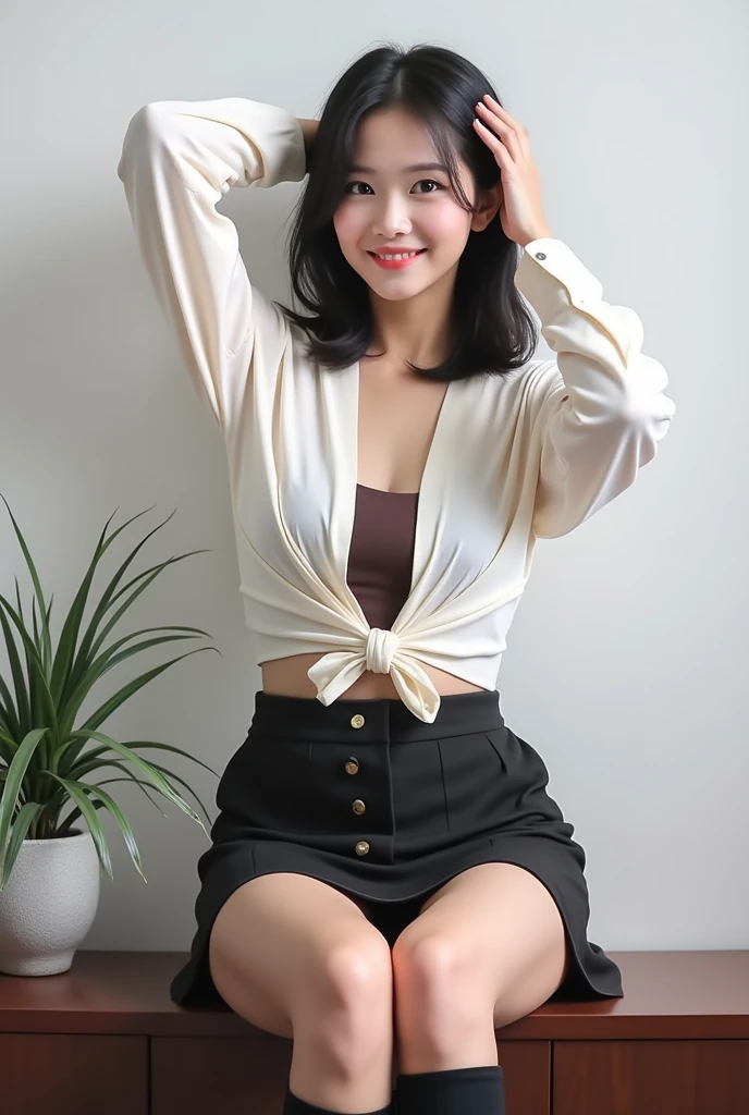 (masterpiece:1.2,8k, raw photo, ultra quality), absurdres, (photo realistic:2), high detail raw color photo,skiny skin, professional photograph,((best quality))、Beautiful Japanese office lady、mini skirt、knee boots、A tight, transparent brown T-shirt、(Panty peeking)、(Magenta Panties)、smile、(View your viewers)、short hair、Gray background、Sit on a bench、Flash photography、cleavage cutou、(hands behind head)、legs together、from below、upskirt
