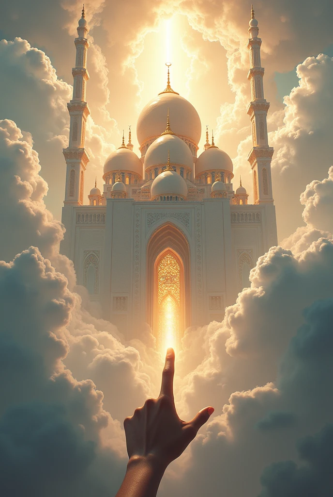 A huge, gigantic mosque on the back of the clouds in the sky, with lots of lights and lights, and giant clouds, white and gold..
High accuracy, Ultra-high-resolution display, Very detailed, luster, halo on head, color deviation, glowing light, Rays of God, A picture of bliss.
Index finger in front of screen pointing to the sky