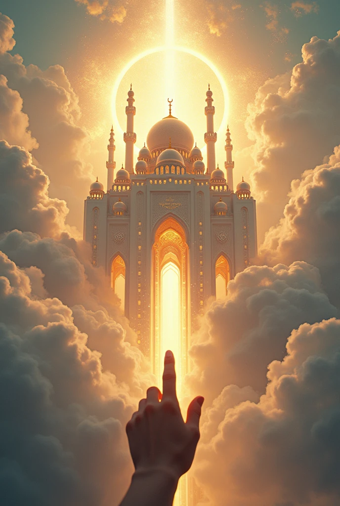 A huge, gigantic mosque on the back of the clouds in the sky, with lots of lights and lights, and giant clouds, white and gold..
High accuracy, Ultra-high-resolution display, Very detailed, luster, halo on head, color deviation, glowing light, Rays of God, A picture of bliss.
Index finger in front of screen pointing to the sky
