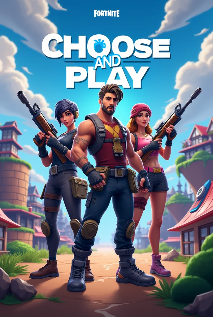 Creative map image in Fortnite game about the diverse gameplay and the title Choose and Play and there are three characters carrying weapons