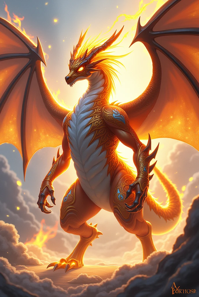 **3. Level:**
**name:** Aethermon
**Level:** mega
**Typ:** Ur-Digimon (heaven)
**容姿:** Aethermon is a mighty, divine orange black white accents dragon with a dazzling, heavenly appearance of the great mega dragon is. His body radiates an aura, which includes both light and darkness, and his wings are filled with a mystical energy.
**skills:** Aethermon can influence the balance of yin and yang throughout the world, generate powerful rays of light and darkness and control supernatural storms. It can also enhance Bill's powers and help them in the most critical moments.
This Digimon fits well with Bill's unique powers and his connection to Yin and Yang, offering an exciting and powerful partnership.